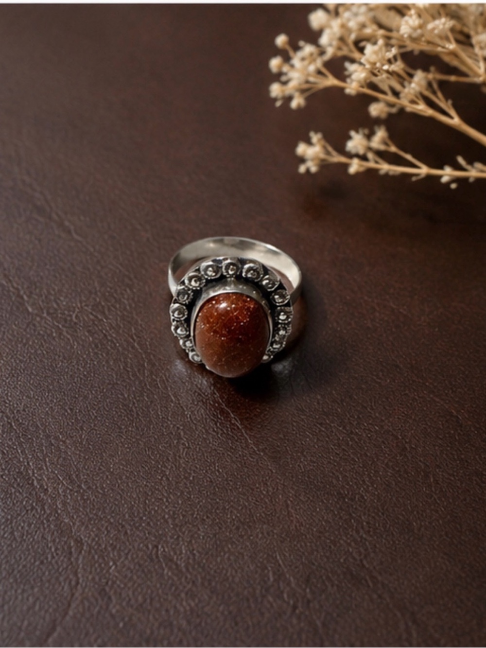 925 sterling Silver plated Ring with Brown Stone and Floral Halo